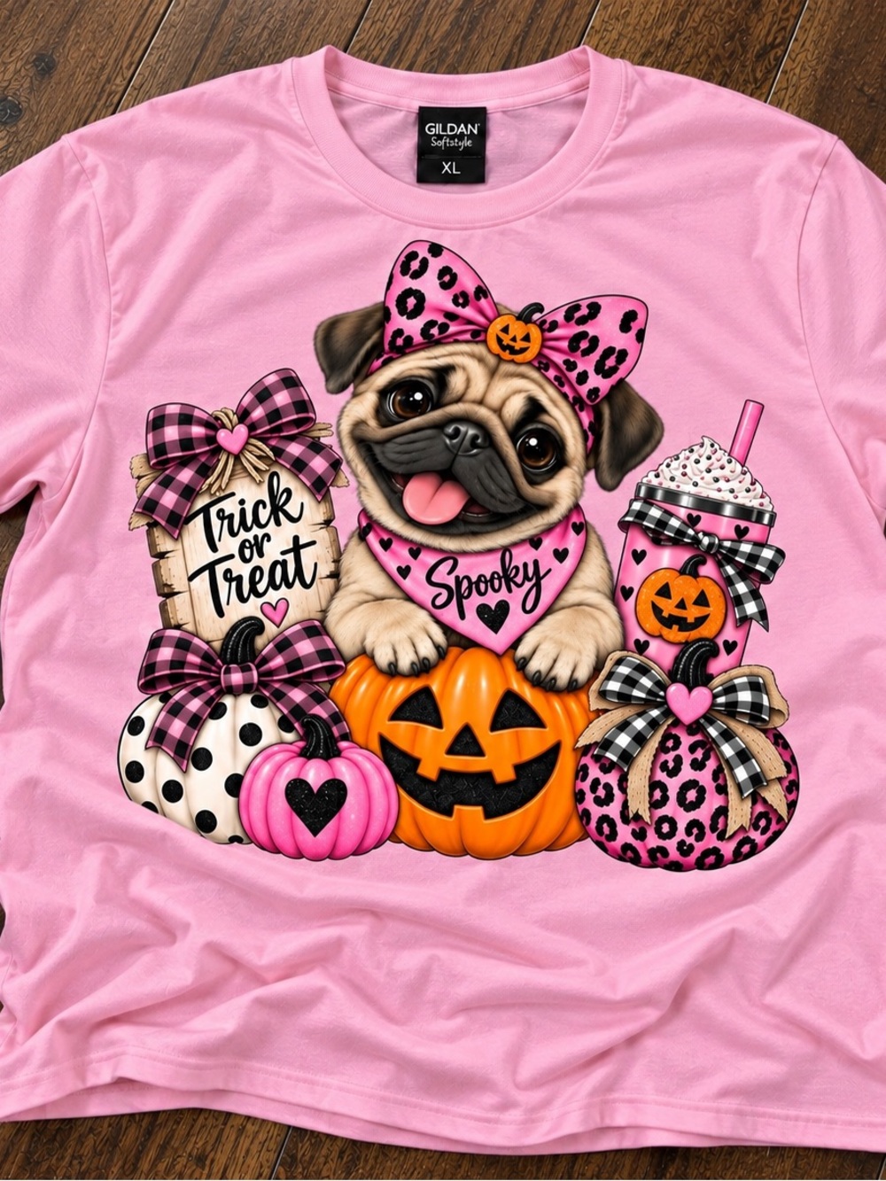 Gildan Pink "Spooky" Pug Halloween Dog T-Shirt Sz xl new